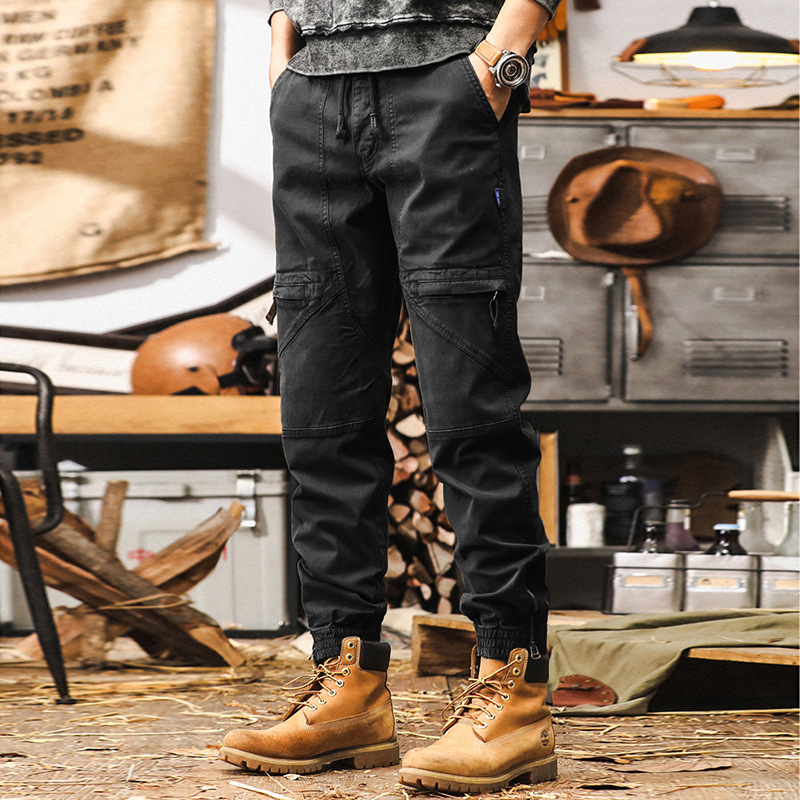 美式復古軍綠色工裝褲男秋季潮牌重磅束腳休閒褲男士寬鬆運動長褲