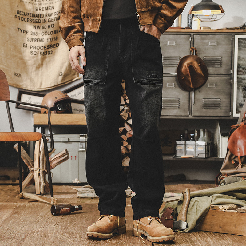 美式重磅牛仔褲男直筒2024新款高街褲子男款寬松複古水洗休閑長褲