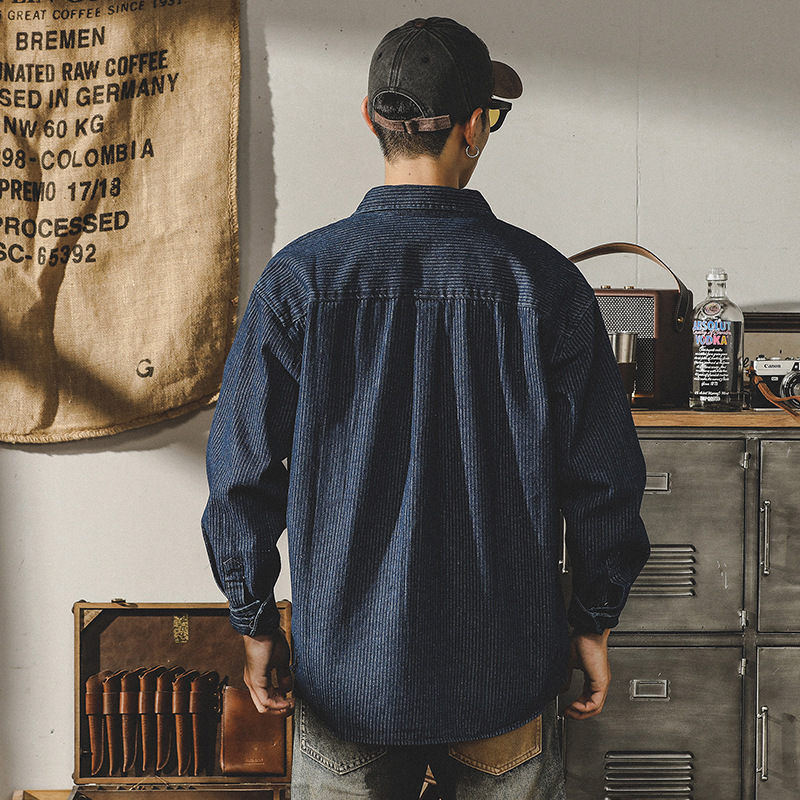 杰雷諾320g重磅條紋工裝襯衫男長袖春秋厚款美式休閒寬鬆古著襯衣