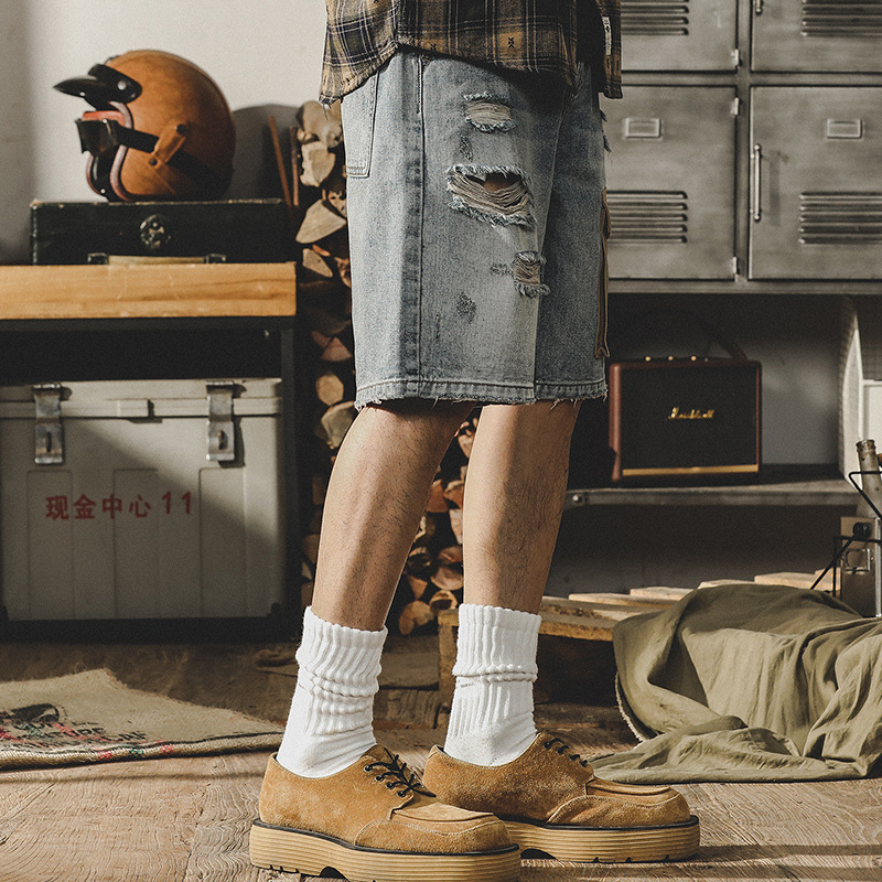 杰雷諾美式復古牛仔短褲男夏季寬鬆大碼破洞工裝五分褲男潮流中褲