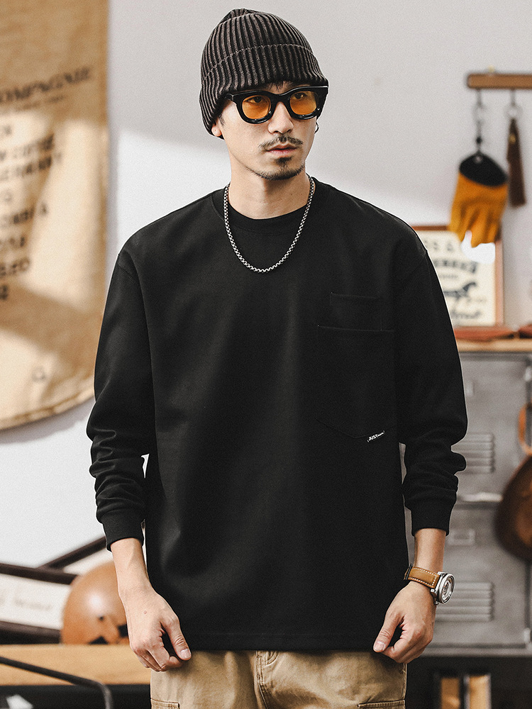 美式重磅長袖T恤男秋季潮牌雙口袋設計體恤男款百搭寬松白色上衣T