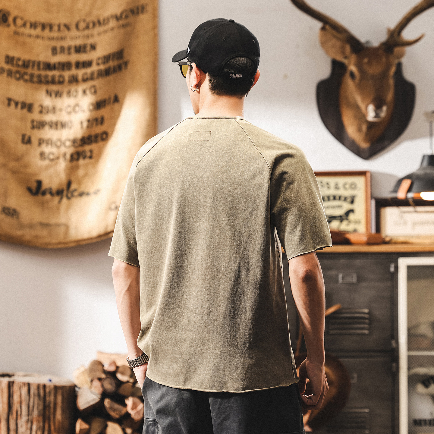 美式復古亨利領POLO衫男士短袖2025新款硬漢痞帥雪花水洗重磅T恤