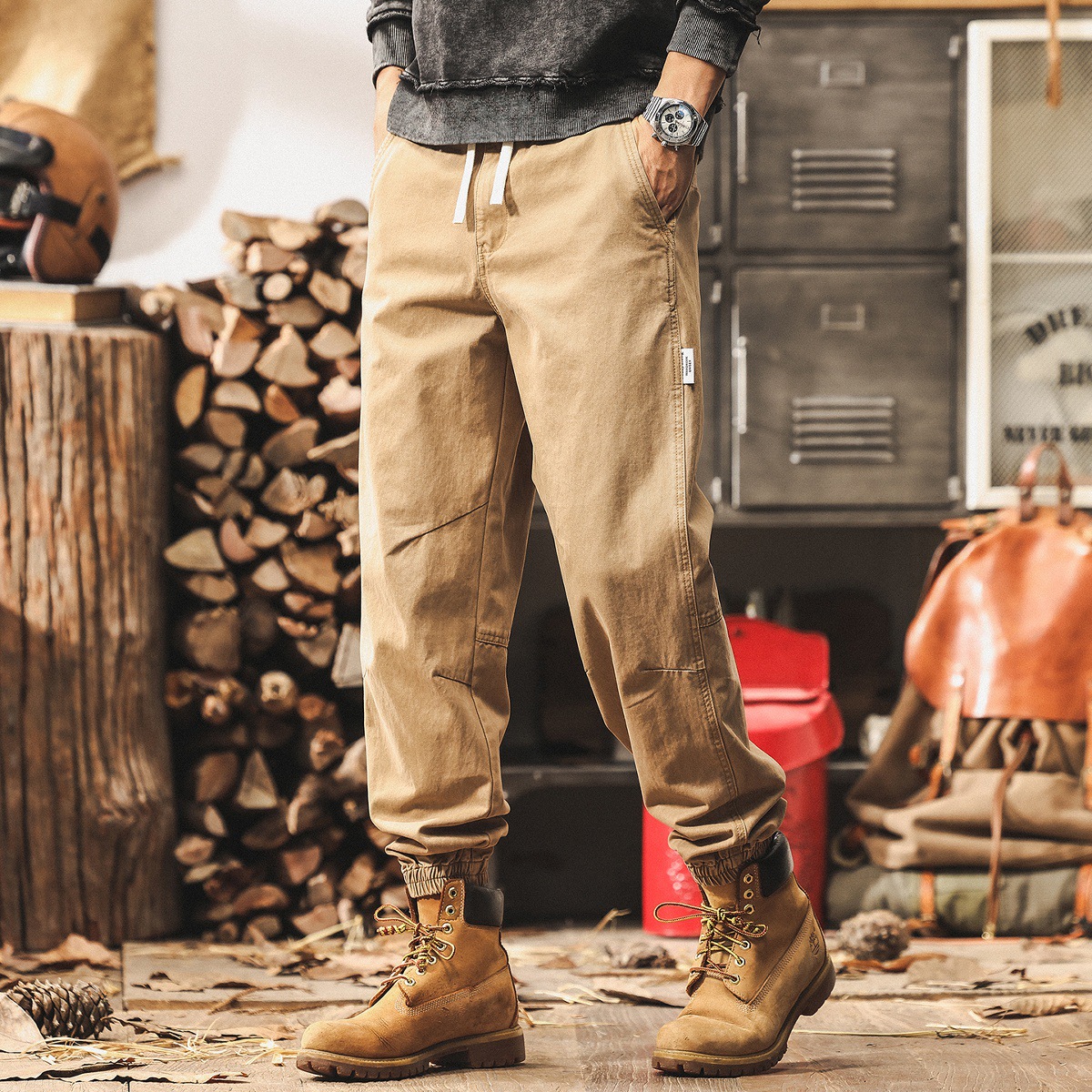 美式復古卡其色工裝褲子男士2025新款潮牌束腳寬鬆秋季男士休閒褲
