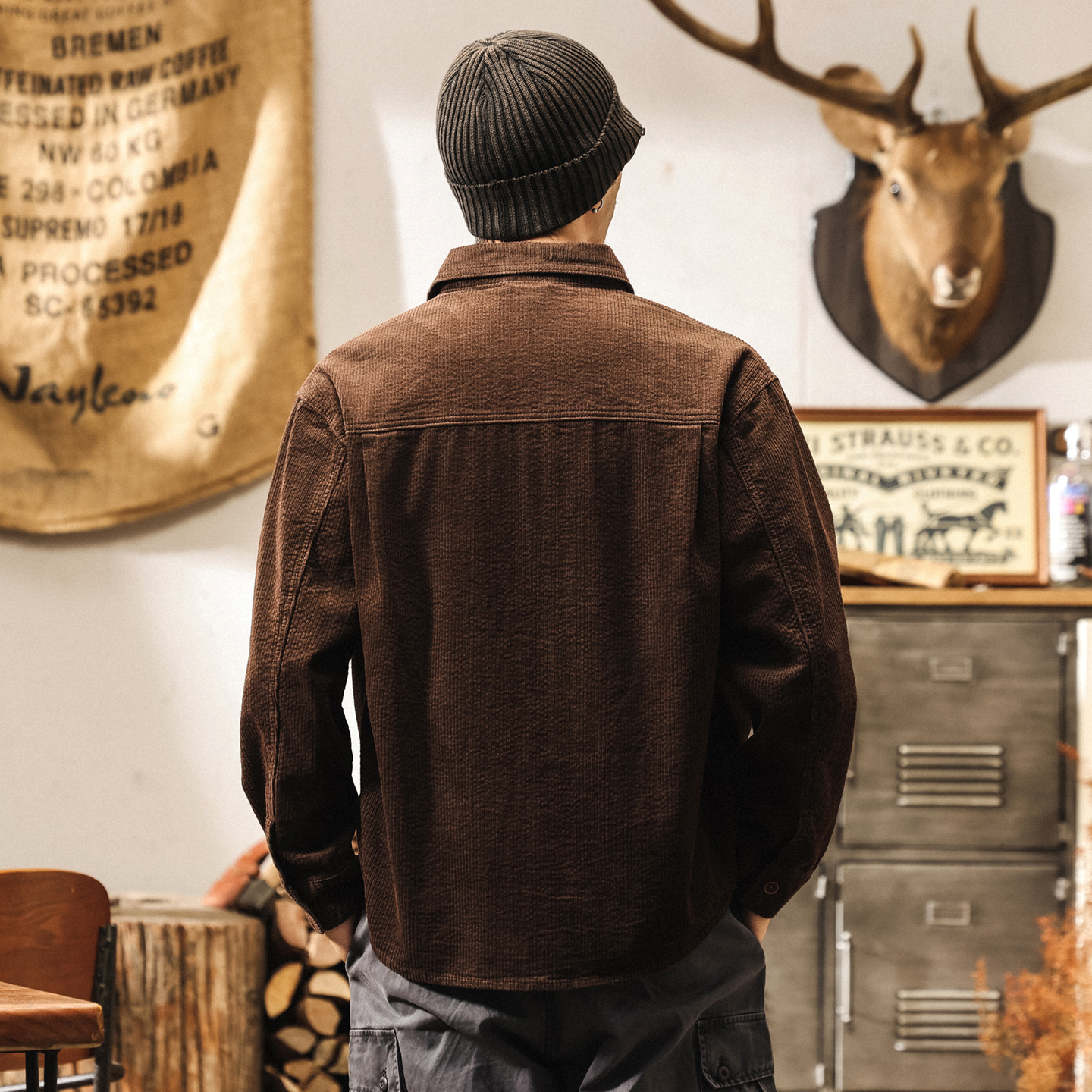 美拉德復古仿羊毛燈芯絨條紋襯衫男長袖春秋潮牌寬鬆休閒襯衣外套