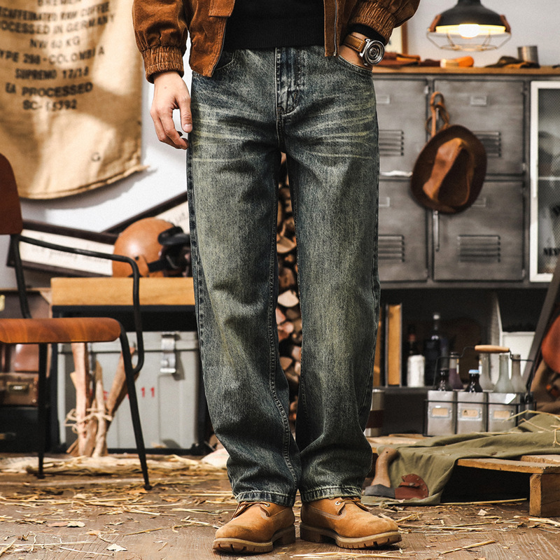 美式重磅復古牛仔褲男款秋季寬鬆直筒休閒褲子男潮流做舊水洗男褲