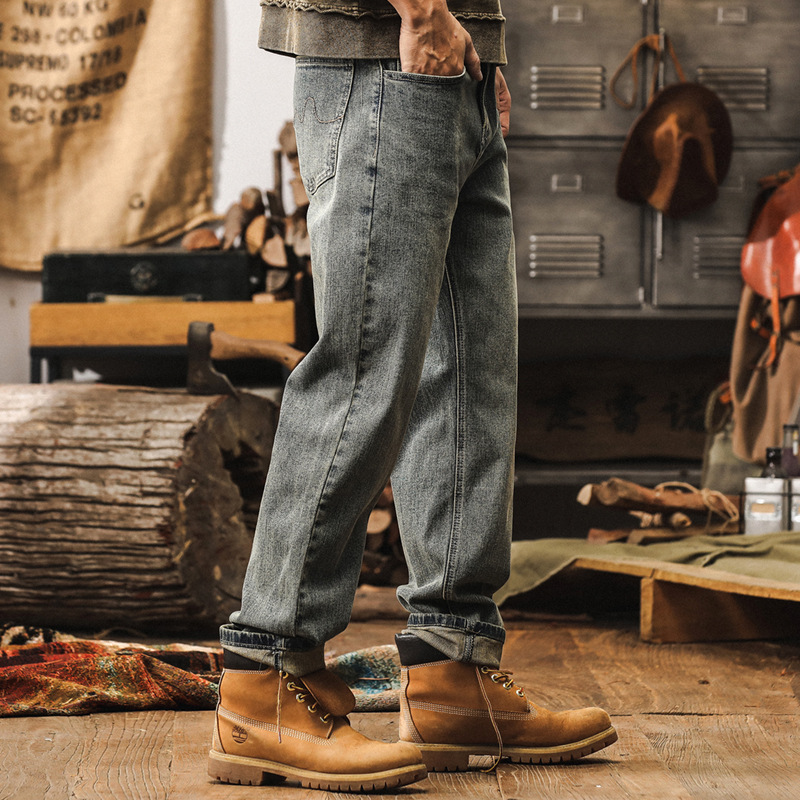 美式復古直筒牛仔褲男款秋季潮牌黃泥水洗加絨男士寬鬆休閒長褲子