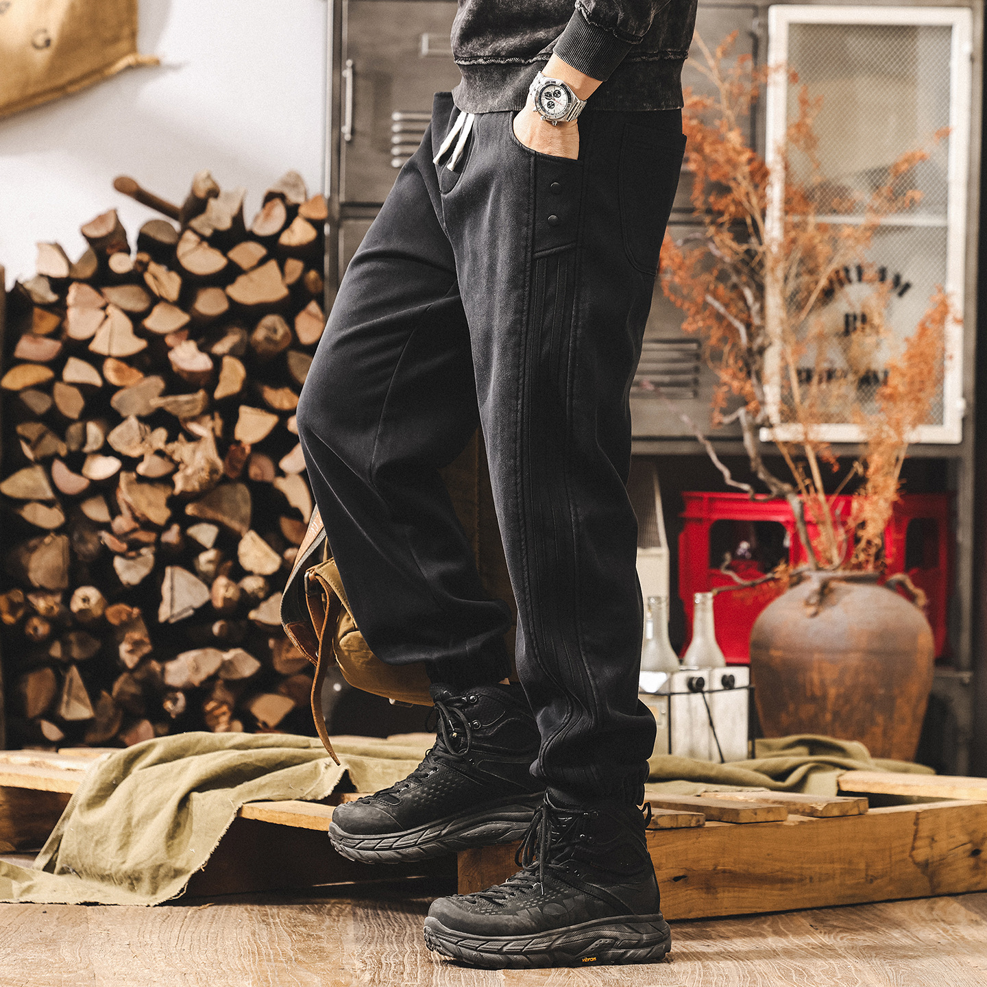 美式復古重磅加絨褲子男款冬季潮牌運動束腳衛褲男寬鬆加厚休閒褲