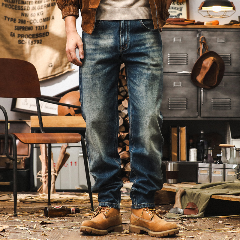 美式經典復古牛仔褲男秋季2024新款寬鬆直筒潮牌做舊水洗休閒長褲