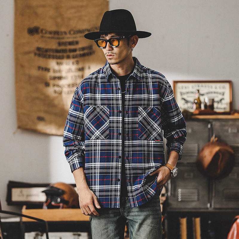 美式復古格子襯衫男長袖春季英倫風雅痞條紋襯衣男士外套春秋新款