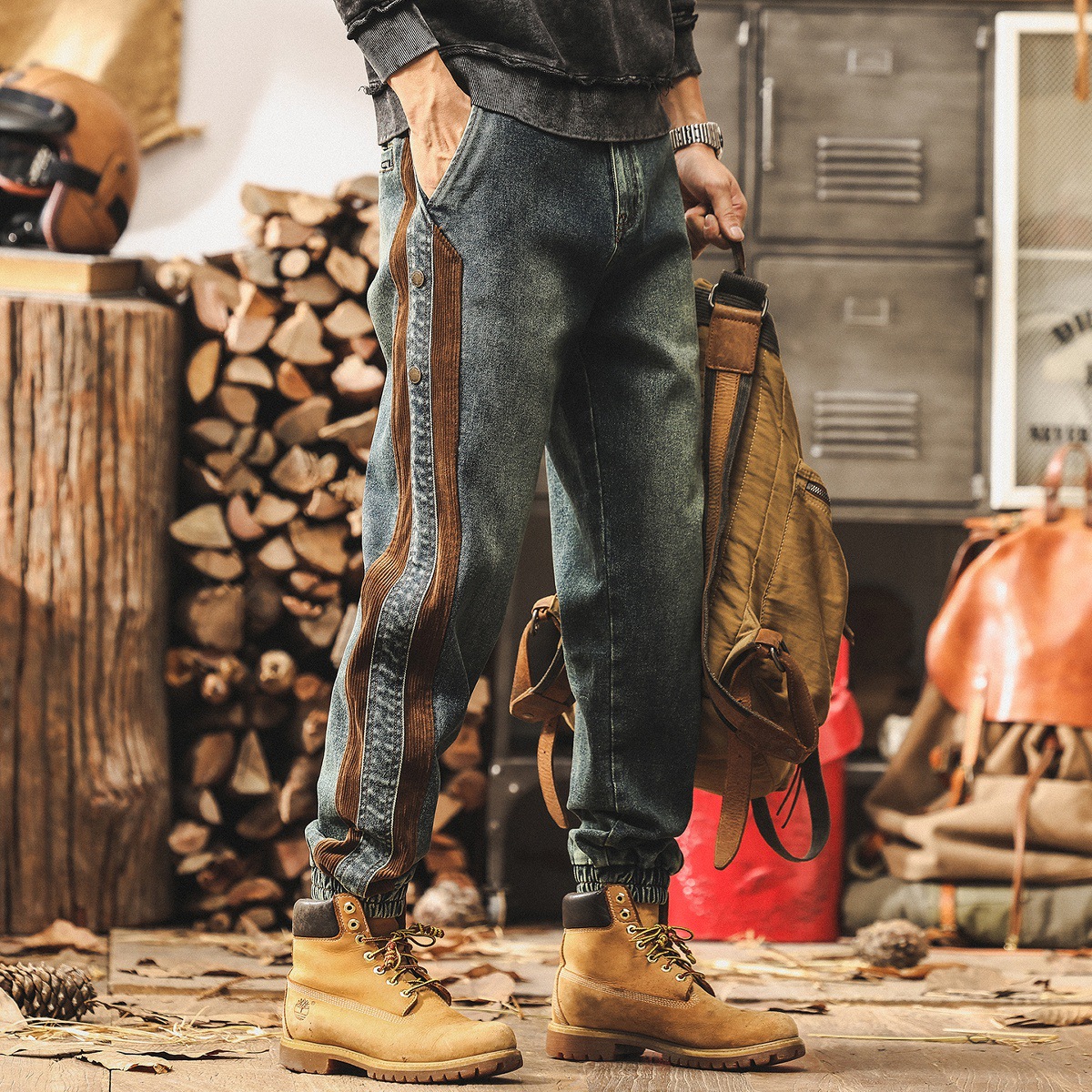 美式復古秋季牛仔褲2025新款潮牌拼接潮牌潮流設計感休閒工裝褲子