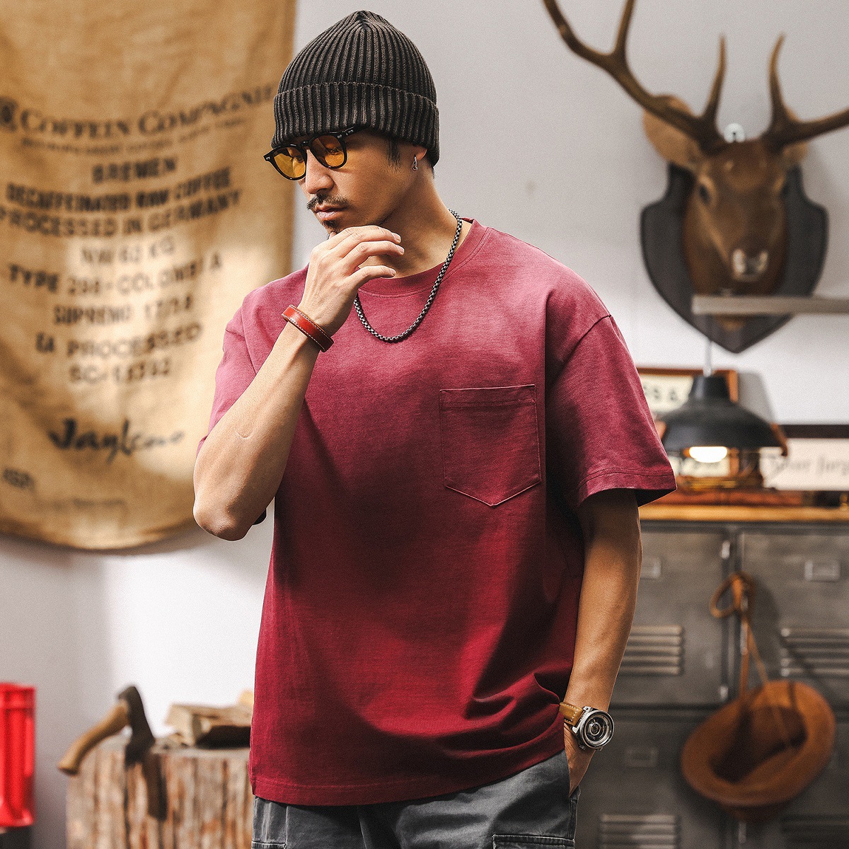 阿蘇特水洗黑色漸變T恤男夏季短袖男款潮牌寬鬆美式復古上衣