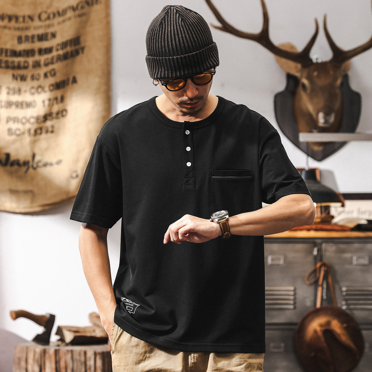 美式復古亨利領短袖T恤男夏季2025新款潮流寬松硬漢輕熟休閒上衣