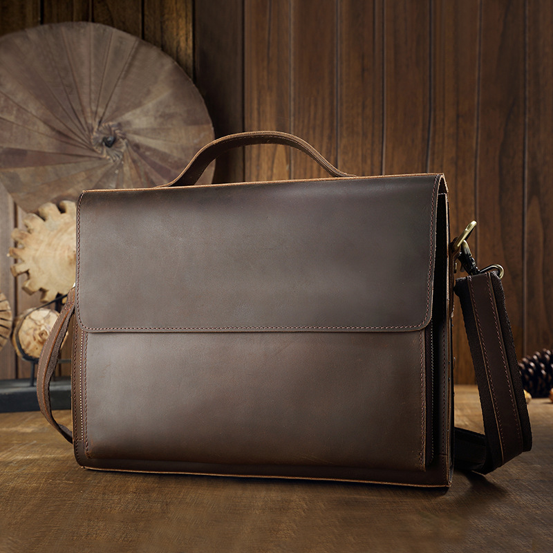 手工真皮公文包男手提包男牛皮復古簡約郵差包商務休閒單肩斜跨包