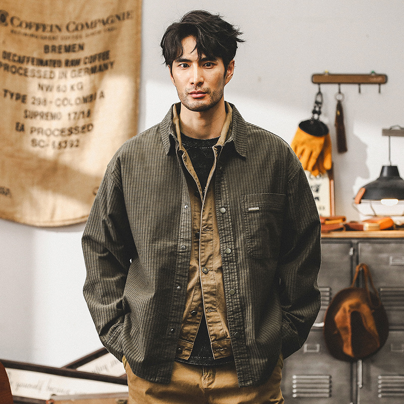 美式重磅復古長袖襯衫外套男春秋款潮牌寬鬆華夫格肌理秋季襯衣男