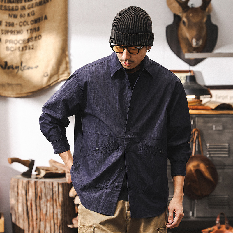 美式山系戶外棉錦工裝襯衫男薄款秋季外套潮牌寬鬆休閒長袖襯衣男