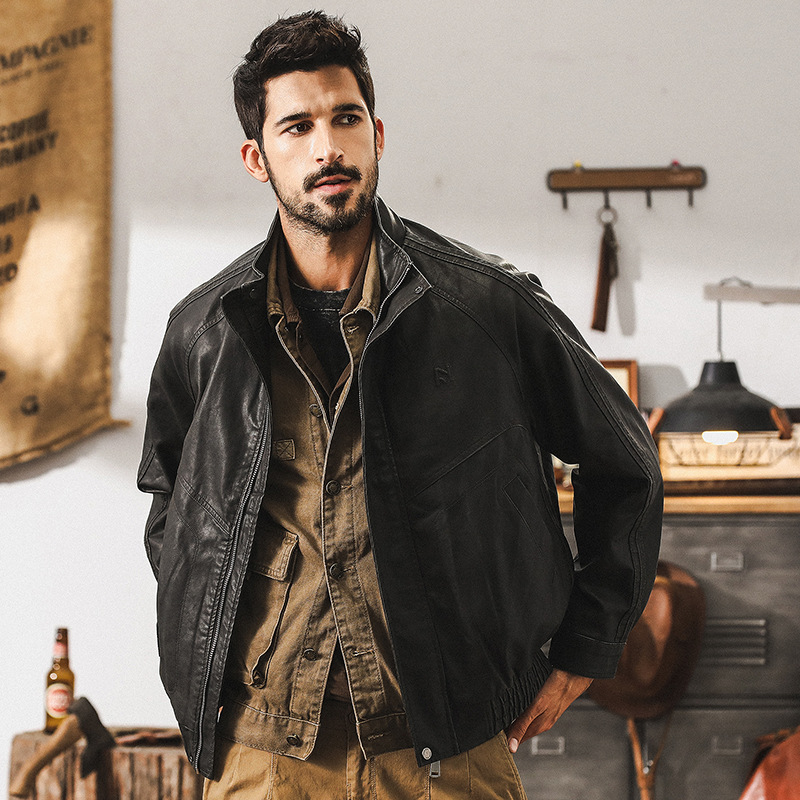 美式復古軟皮衣外套男冬季加絨寬鬆硬漢帥氣機車服秋冬款棉服夾克