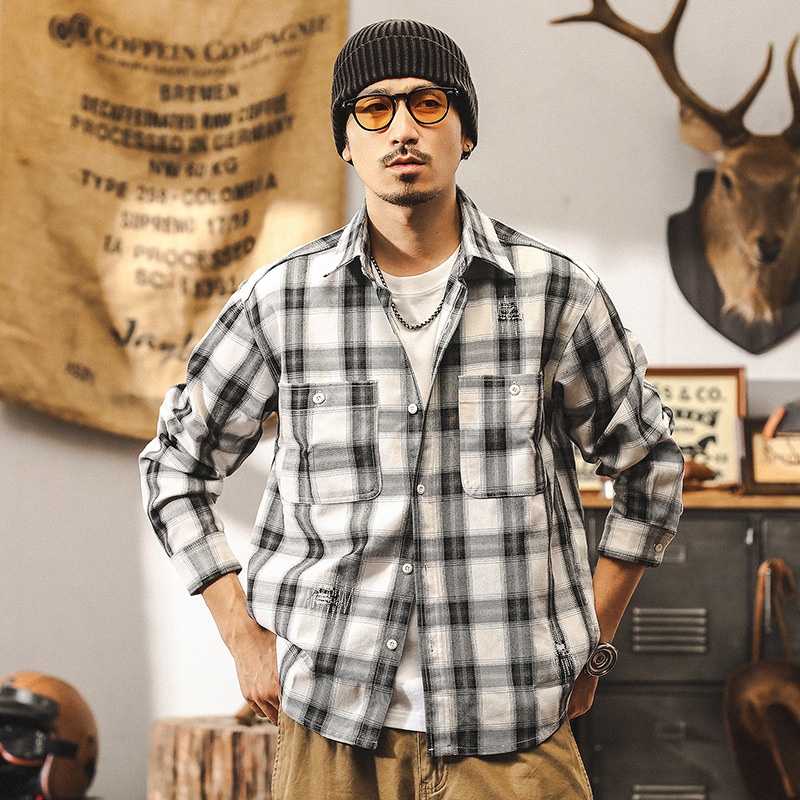 美系復古重磅工裝格子襯衫男秋季新款潮牌痞帥破洞戰損襯衣外套男