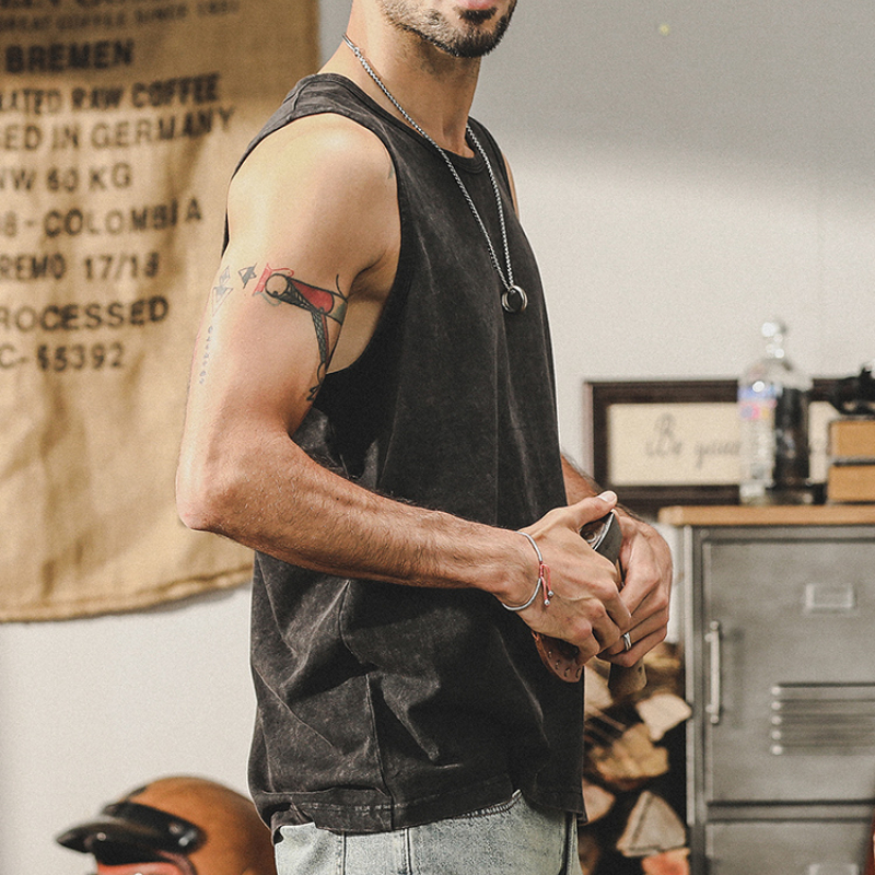 杰雷諾蠟染雪花美式復古純棉背心男款健身籃球寬鬆潮牌無袖t恤男