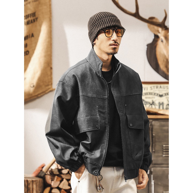 美式復古啞光做舊皮衣外套男春秋新款寬鬆潮流痞帥機車服皮夾克男