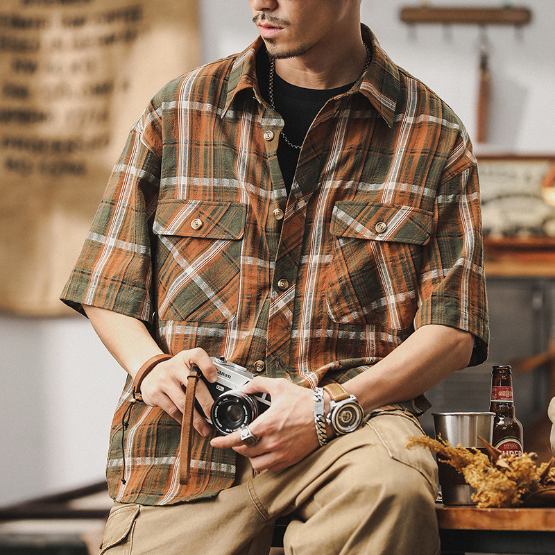 美式經典復古格子襯衫男夏季短袖寬鬆潮牌休閒夏威夷度假沙灘襯衣