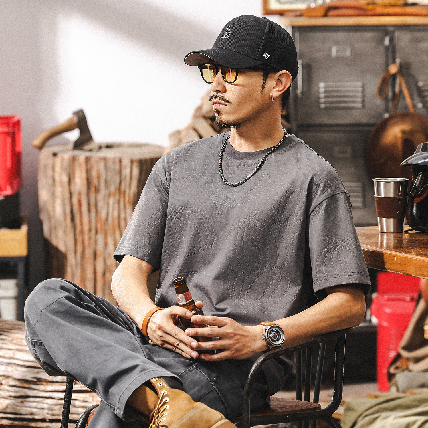 美式復古短袖T恤男夏季2025新款潮流高級感南瓜滿印男士休閒上衣