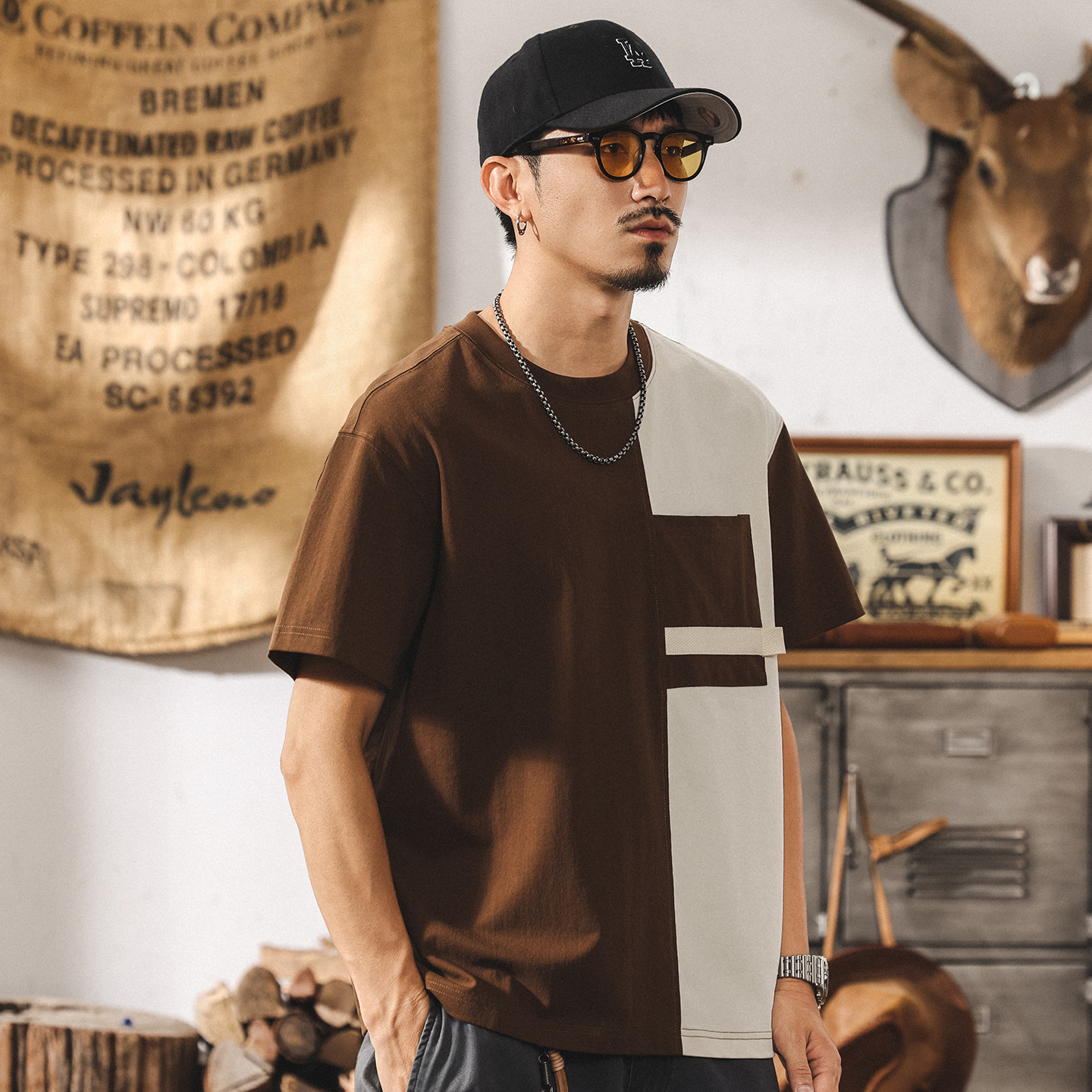 夏季新款T恤男短袖2025潮牌美式復古拼色寬鬆半袖男生體恤上衣潮T