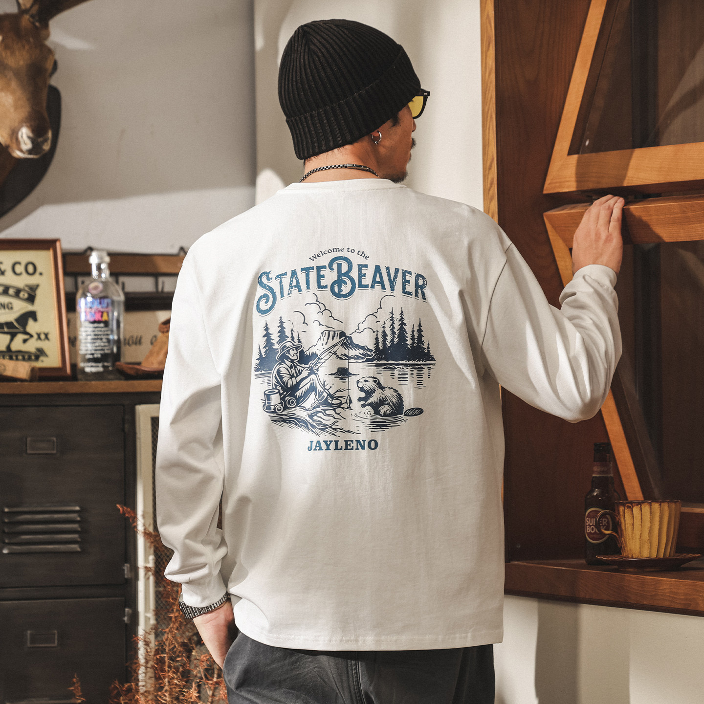 美式山系復古白色T恤男長袖寬鬆2026春季新款圓領休閒上衣男