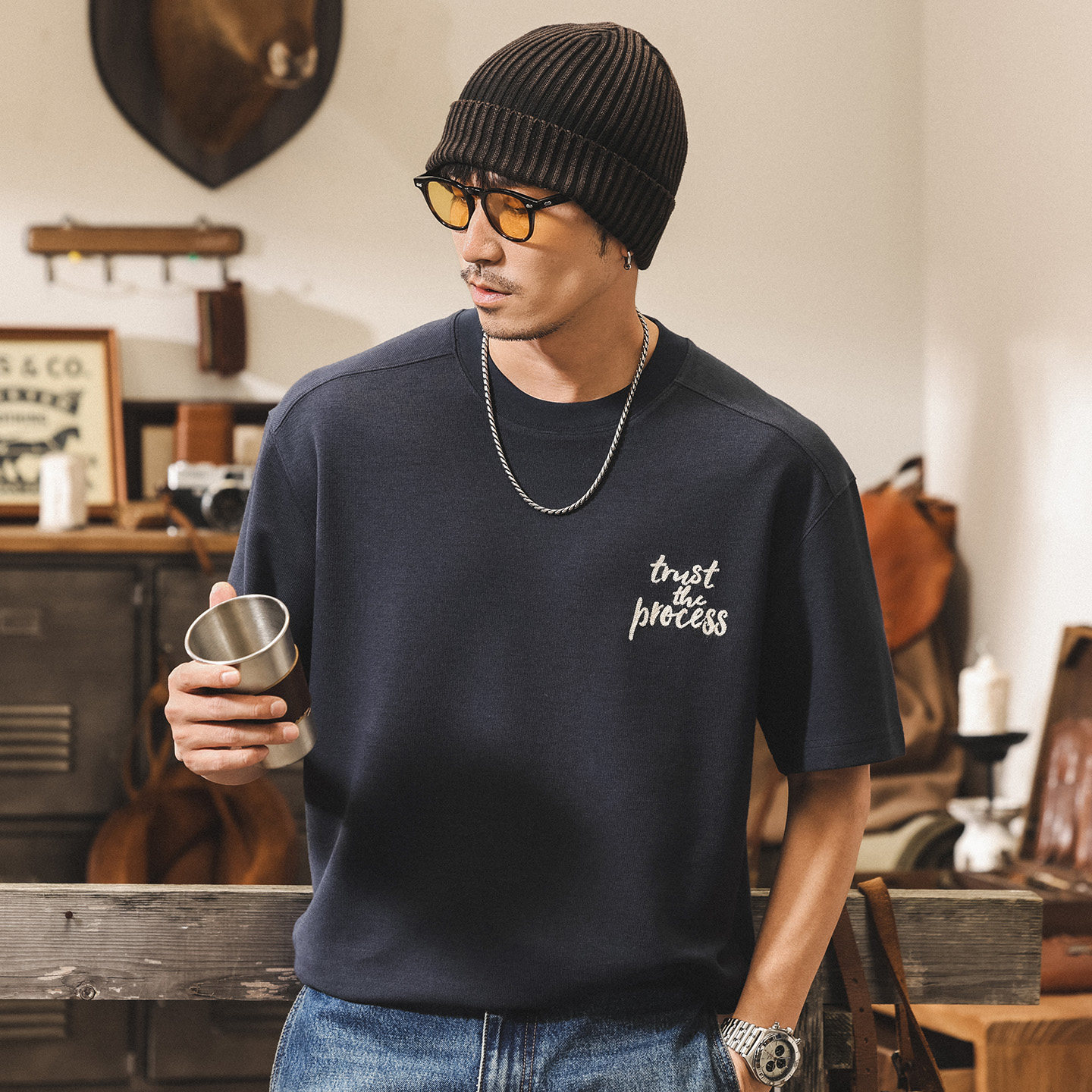 美式復古精梳棉刺繡T恤男夏季潮流280g重磅短袖寬鬆潮牌男士上衣