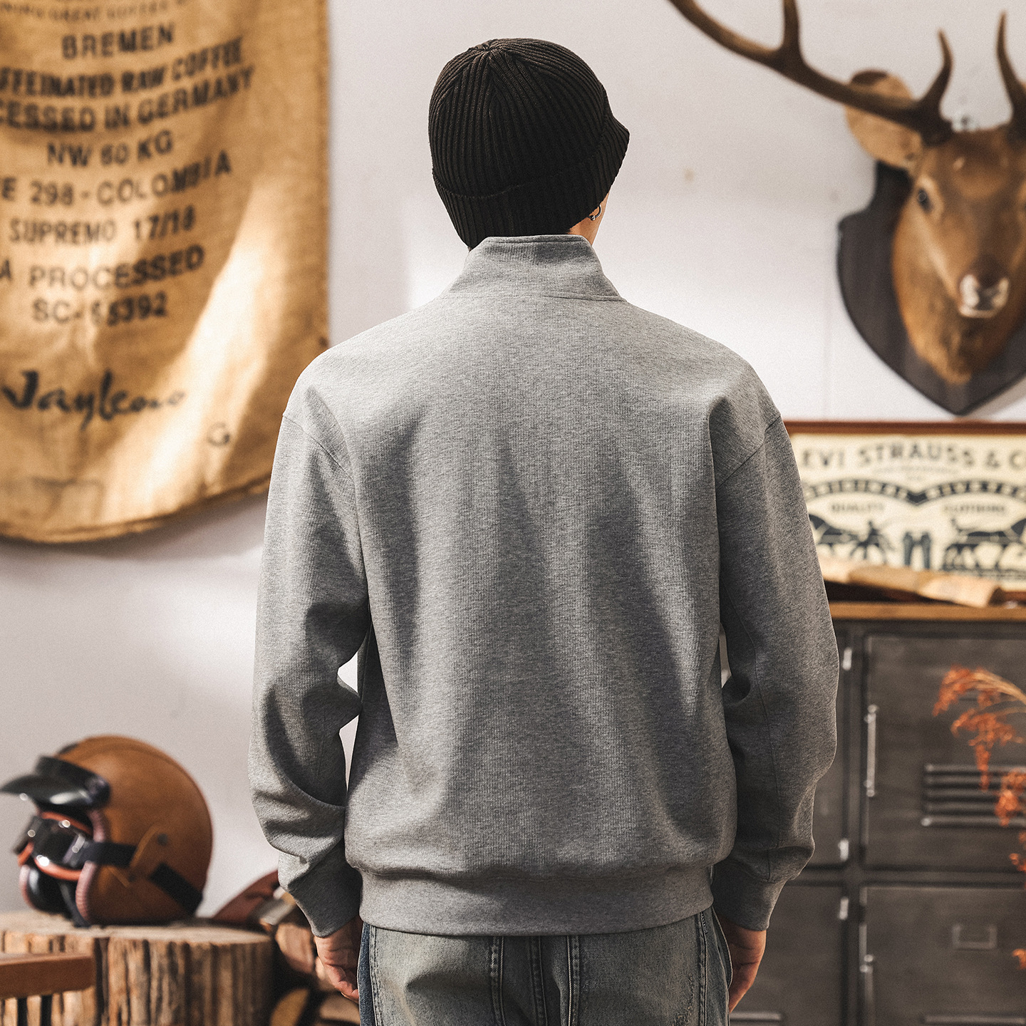 美式復古立領重磅衛衣男新款秋季男士上衣春秋寬鬆休閒半拉鍊外套