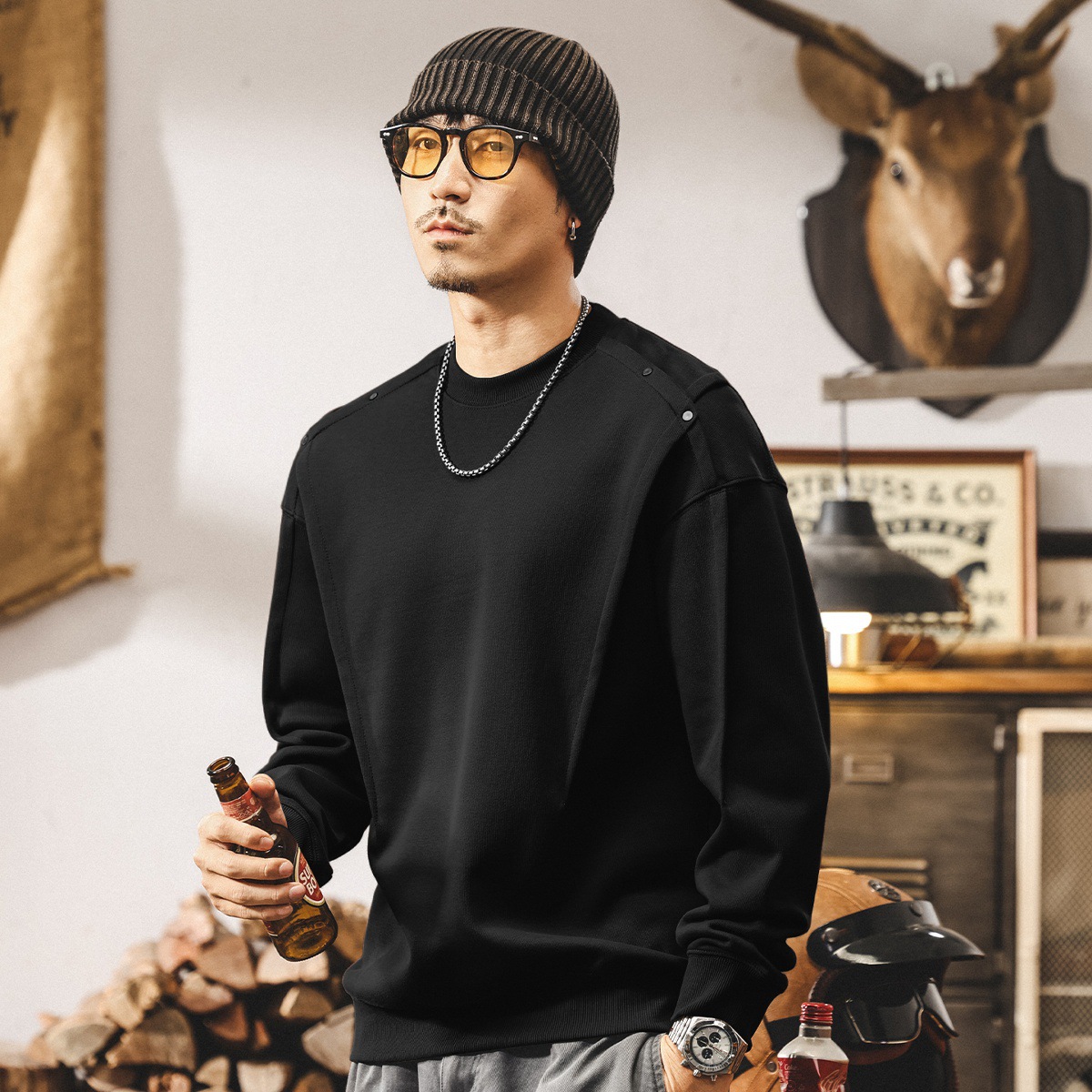 美式復古拼接結構360g重磅衛衣男春秋新款廓形寬鬆休閒長袖上衣男