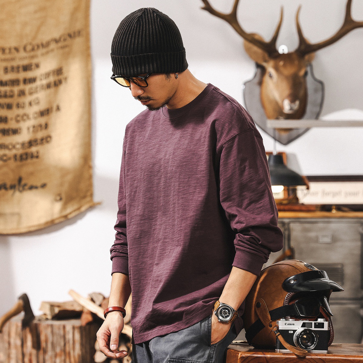 竹節肌理T恤男長袖春秋季2025新款多巴胺紫色寬鬆簡約男士上衣T潮