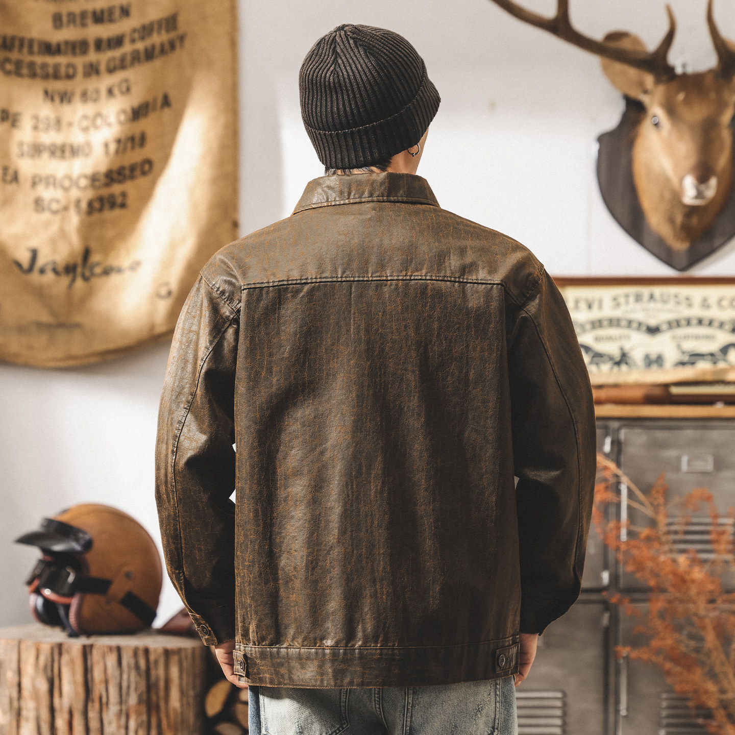 美式復古油蠟皮夾克男春季新款休閒寬鬆潮流古着帥氣大碼機車外套