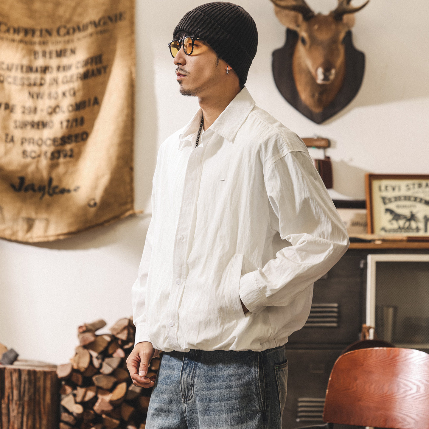 美式復古假兩件長袖襯衫外套男款春季潮牌寬鬆垂感襯衣男休閒夾克