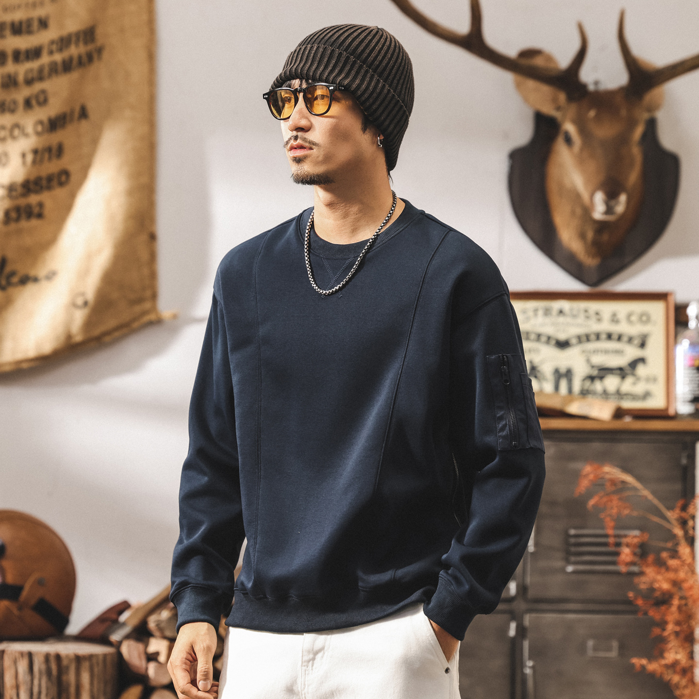 美式復古衛衣男春秋2025潮牌寬鬆大碼男裝拼接口袋潮流秋季上衣男