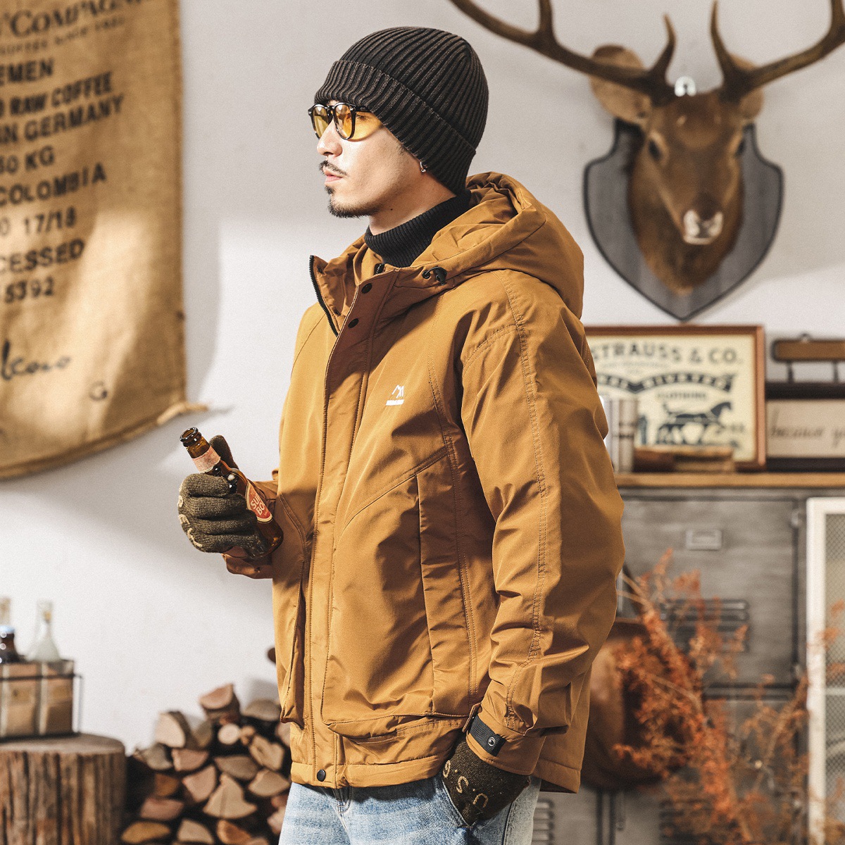 美式復古高充絨蓬鬆連帽冬季羽絨服男加厚90白鴨絨保暖禦寒外套男