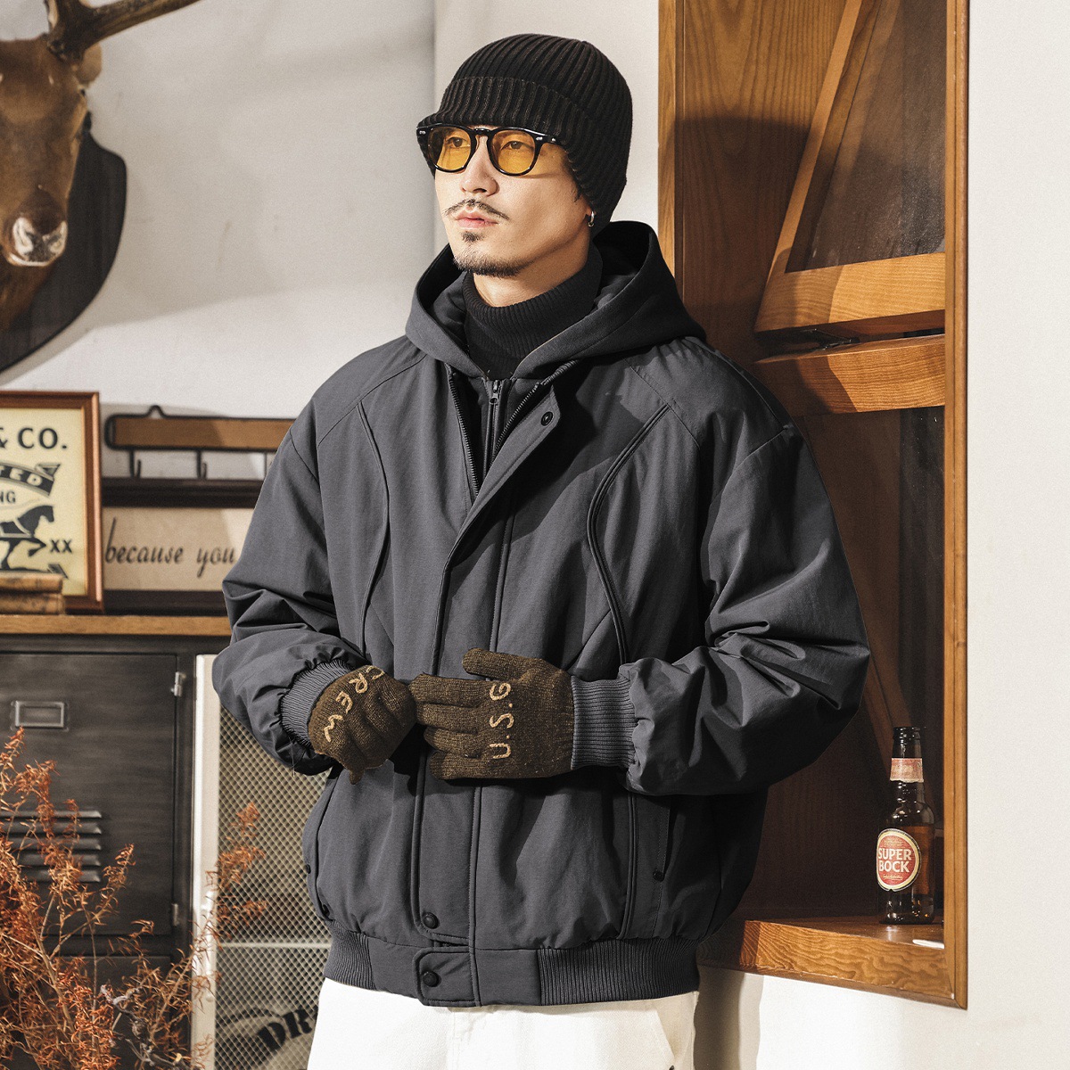 美式復古假兩件連帽冬季工裝羽絨服男寬鬆加厚90鴨絨禦寒保暖外套