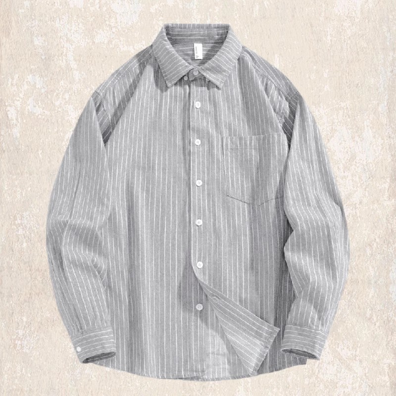 美式經典復古條紋襯衫男長袖秋季潮牌通勤百搭休閒寬鬆襯衣外套男