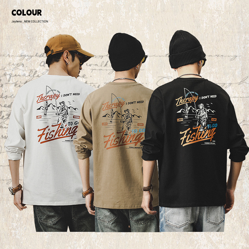 美式戶外釣魚印花重磅T恤男長袖2024新款男裝潮牌寬鬆上衣男