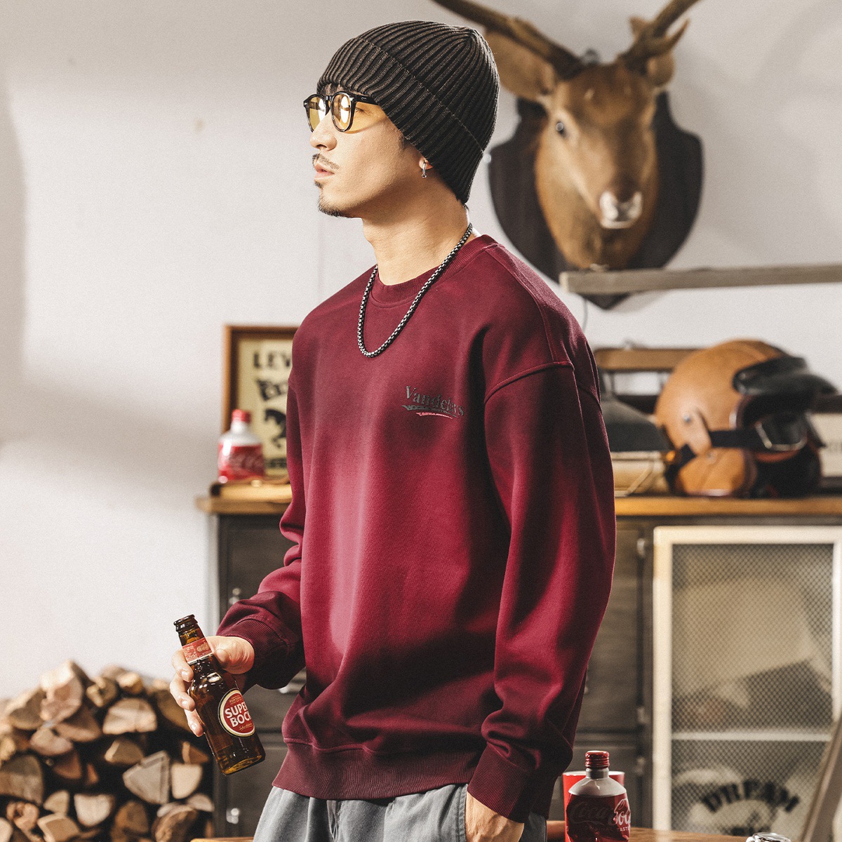 安可拉紅重磅圓領衛衣男春秋新款美式復古潮流髒染寬鬆大碼上衣男