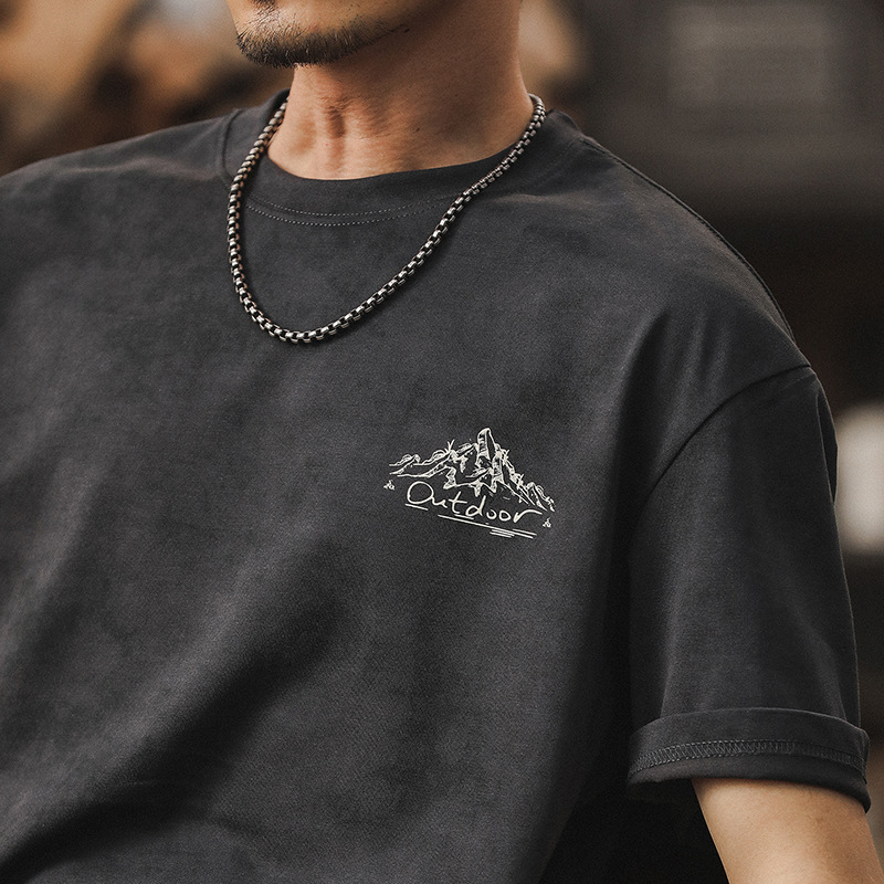 冰感抗皺速乾短袖T恤男夏季美式山系印花上衣雲染洗褪寬鬆男體恤