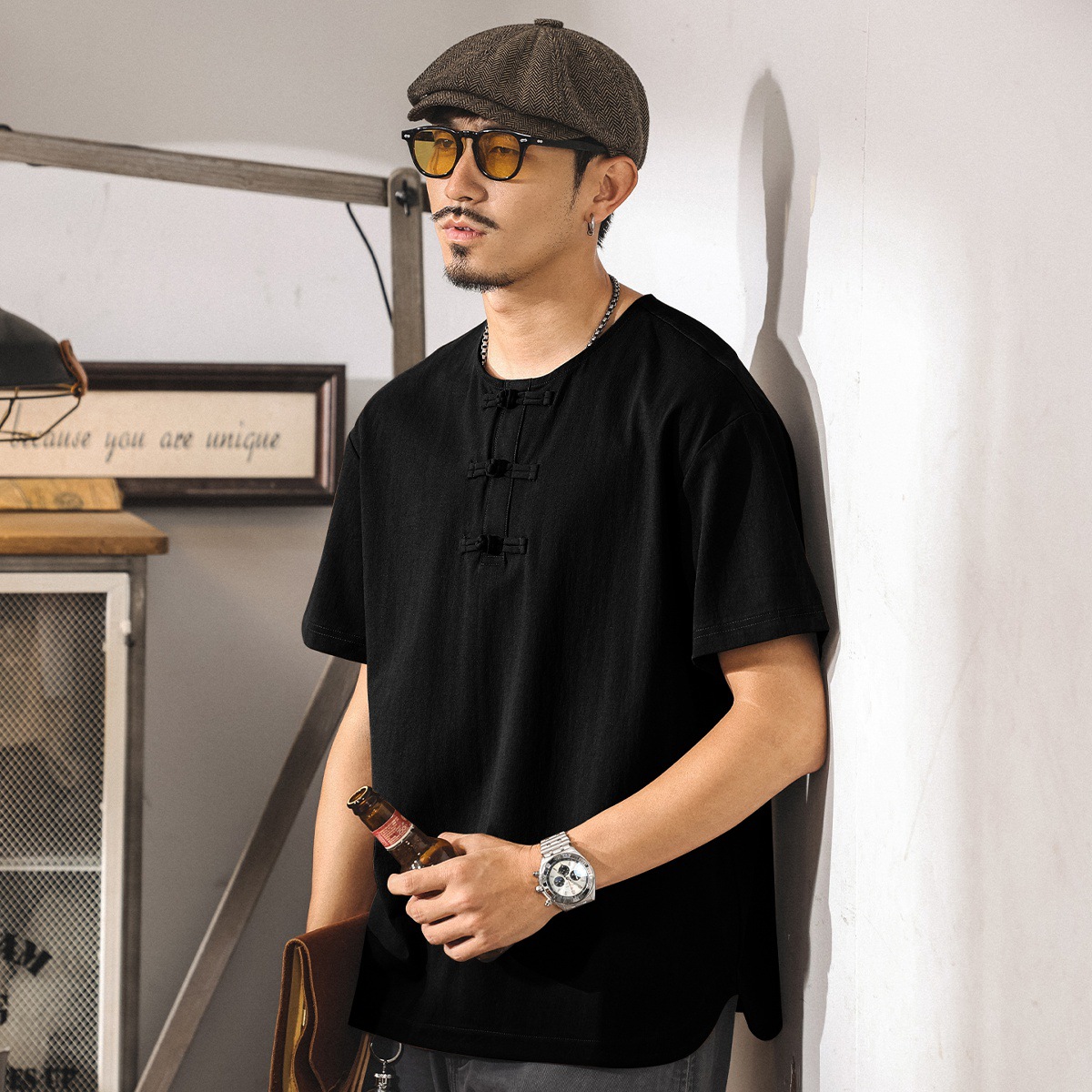 中式國風男士短袖Polo衫夏季新款國潮復古t恤男裝寬鬆體恤上衣男T