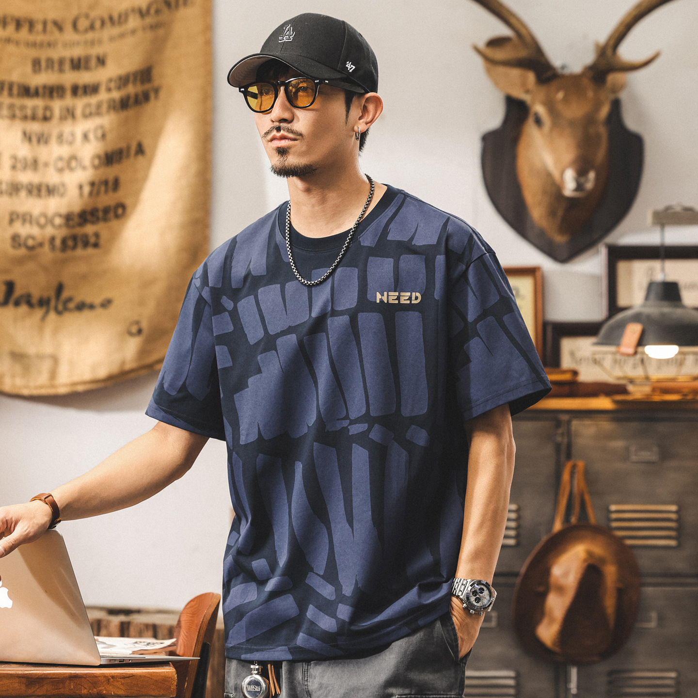 美式潮流短袖t恤男夏季2025新款寬鬆潮牌滿印半袖體恤男士上衣潮T