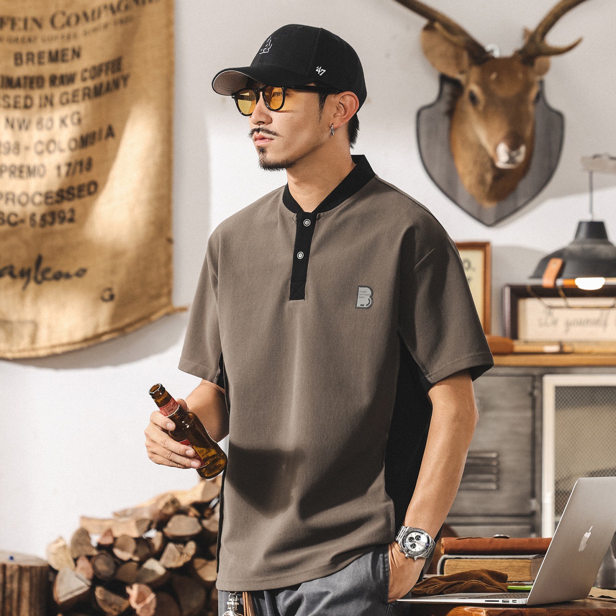 美式復古潮流撞色亨利領短袖t恤男夏季潮牌Polo衫男款寬鬆上衣潮T