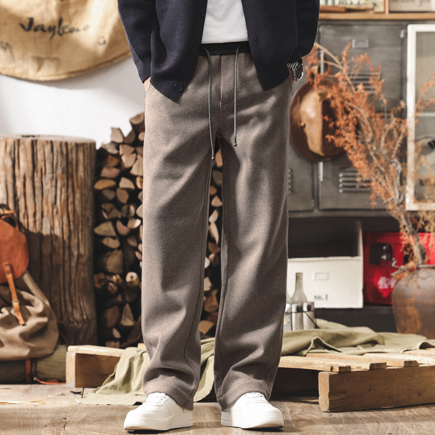 美式復古輕奢綿羊毛褲子男冬季加厚寬鬆男士休閒褲直筒加絨衛褲男