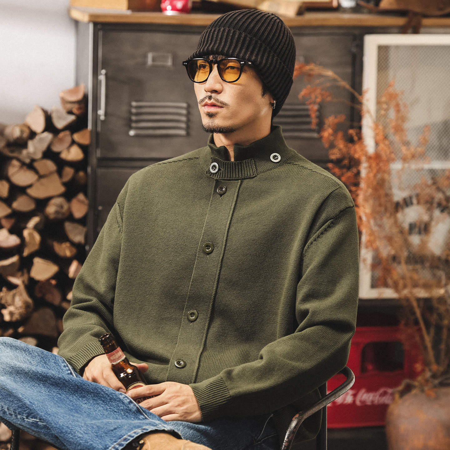 美式復古重磅開衫毛衣男春秋新款寬鬆慵懶半高領針織衫外套男秋冬