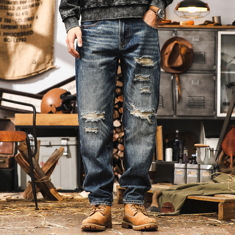 美式復古牛仔褲男寬鬆直筒2024新款潮牌男褲子秋季破洞休閒長褲男