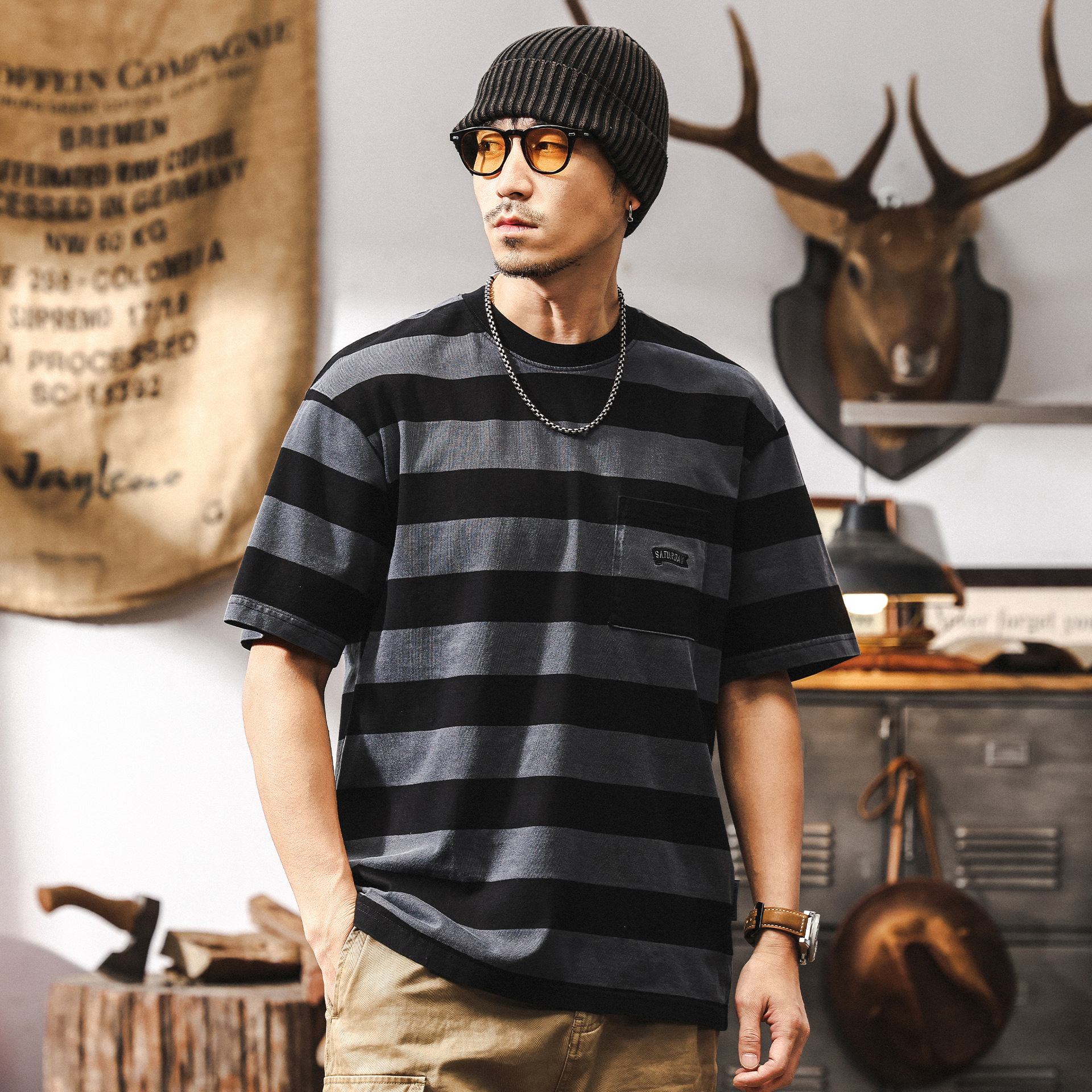 32支雙紗做舊炒砂水洗條紋短袖男T恤夏季美式復古潮流休閒上衣男T