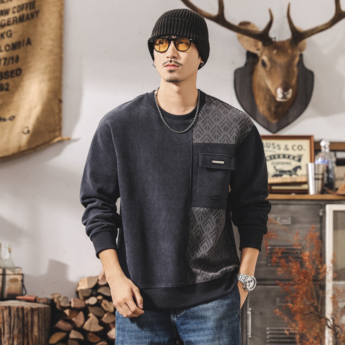 美式復古380g重磅衛衣男春秋2025新款提花拼接加厚秋冬寬鬆上衣男