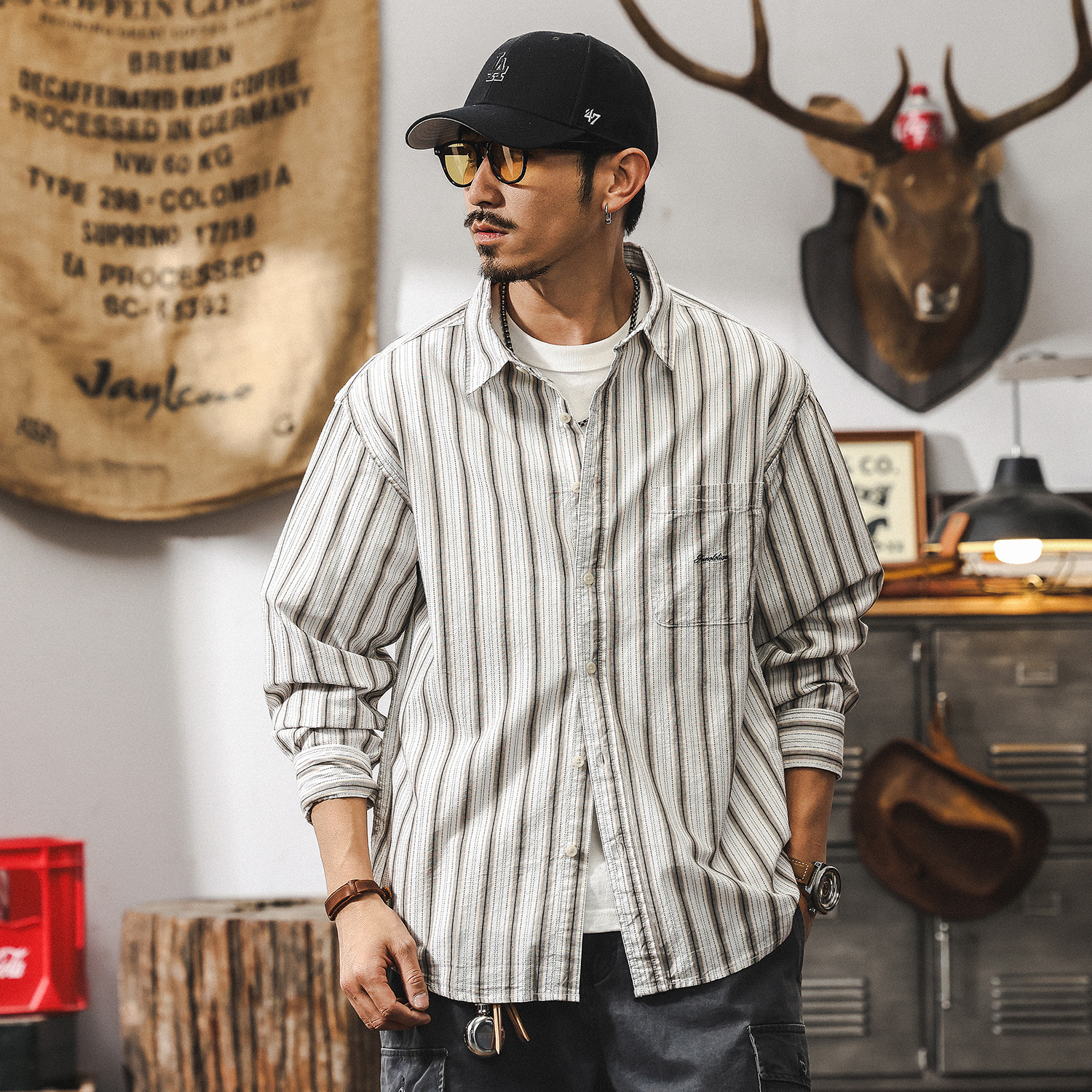 美式復古經典條紋襯衫男長袖2025秋季新款日系文藝風休閒上衣襯衣
