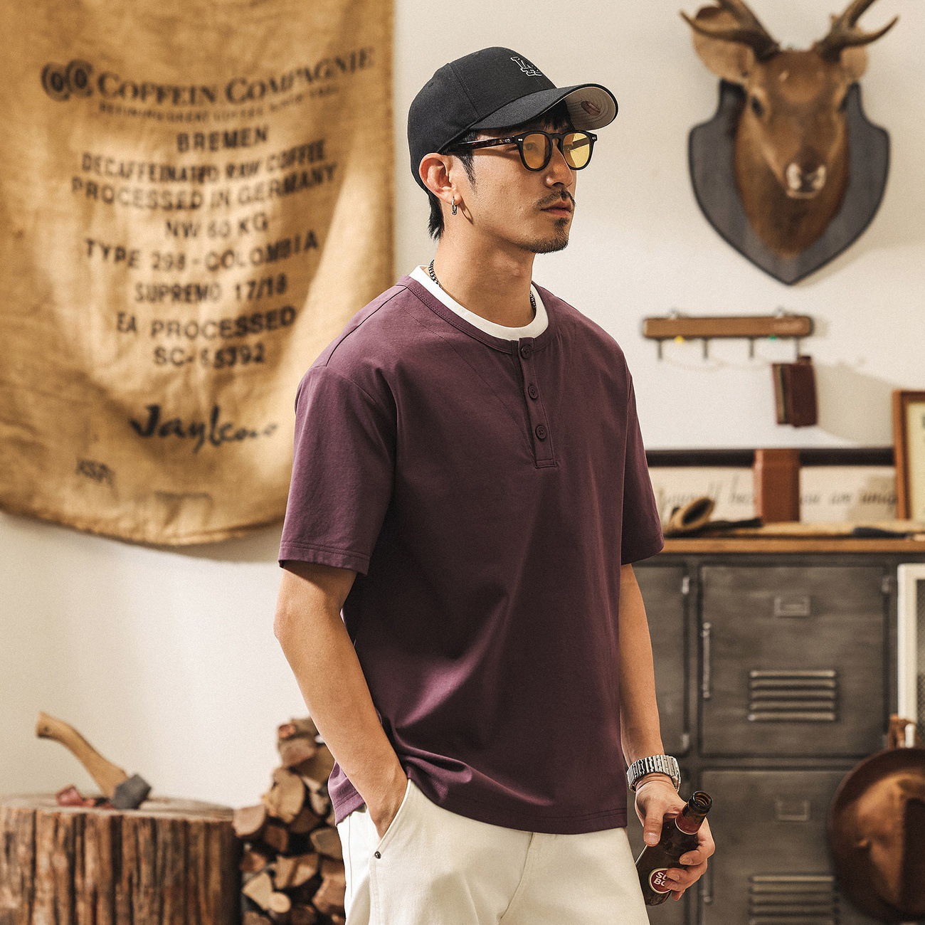 美式復古假兩件涼感T恤男士短袖夏季寬鬆紫色潮流亨利領Polo衫男